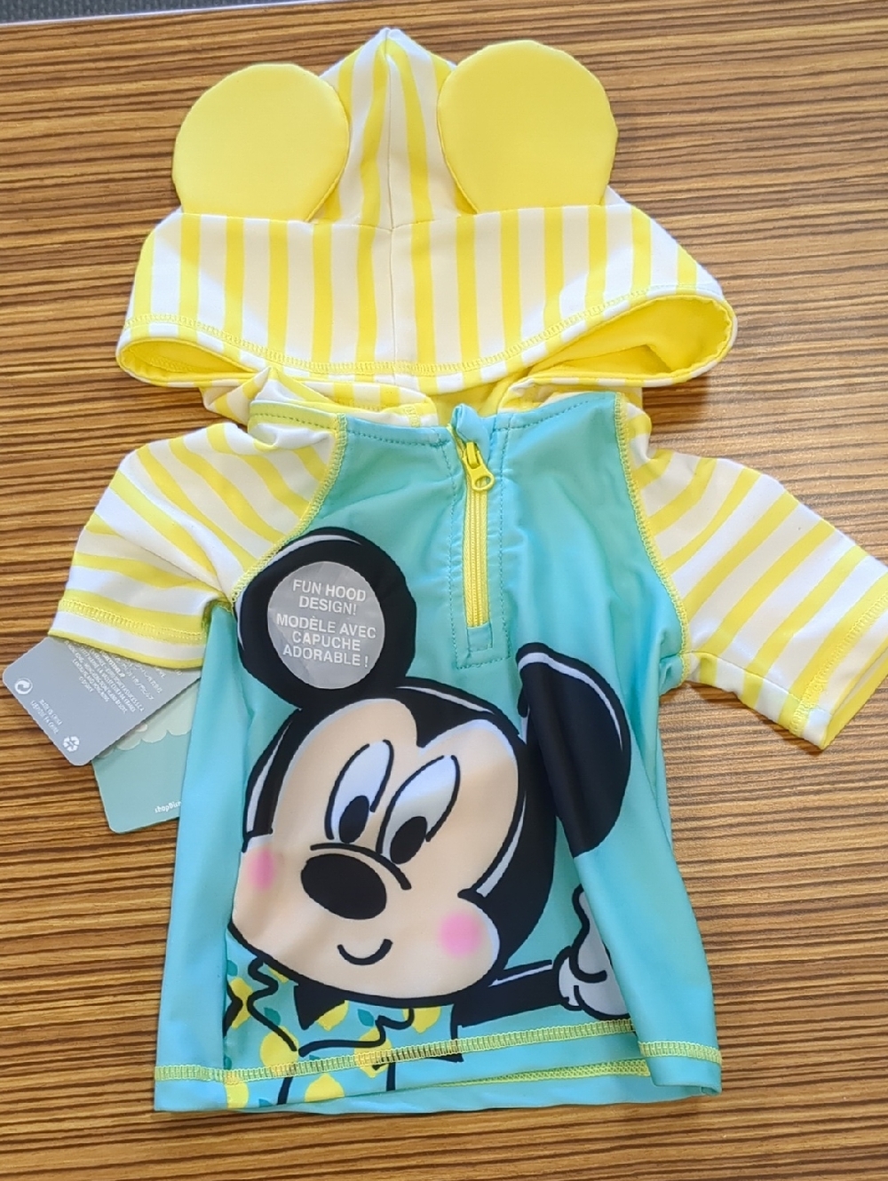 Disney Yellow & Aqua Mickey Hooded Kids Swim Rashguard